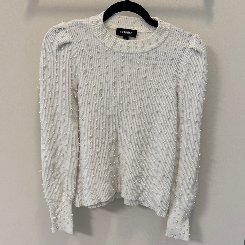 Express Ivory Knit Sweater with Pearl Details